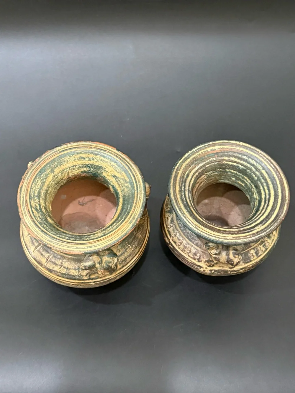 Pair of Vintage Asian Pottery Elephant Details 4.25” Vase